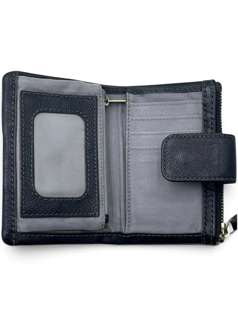 Fossil Ella Black Pebbled Leather Bifold Wallet Zip Coin Pocket Compact Clutch